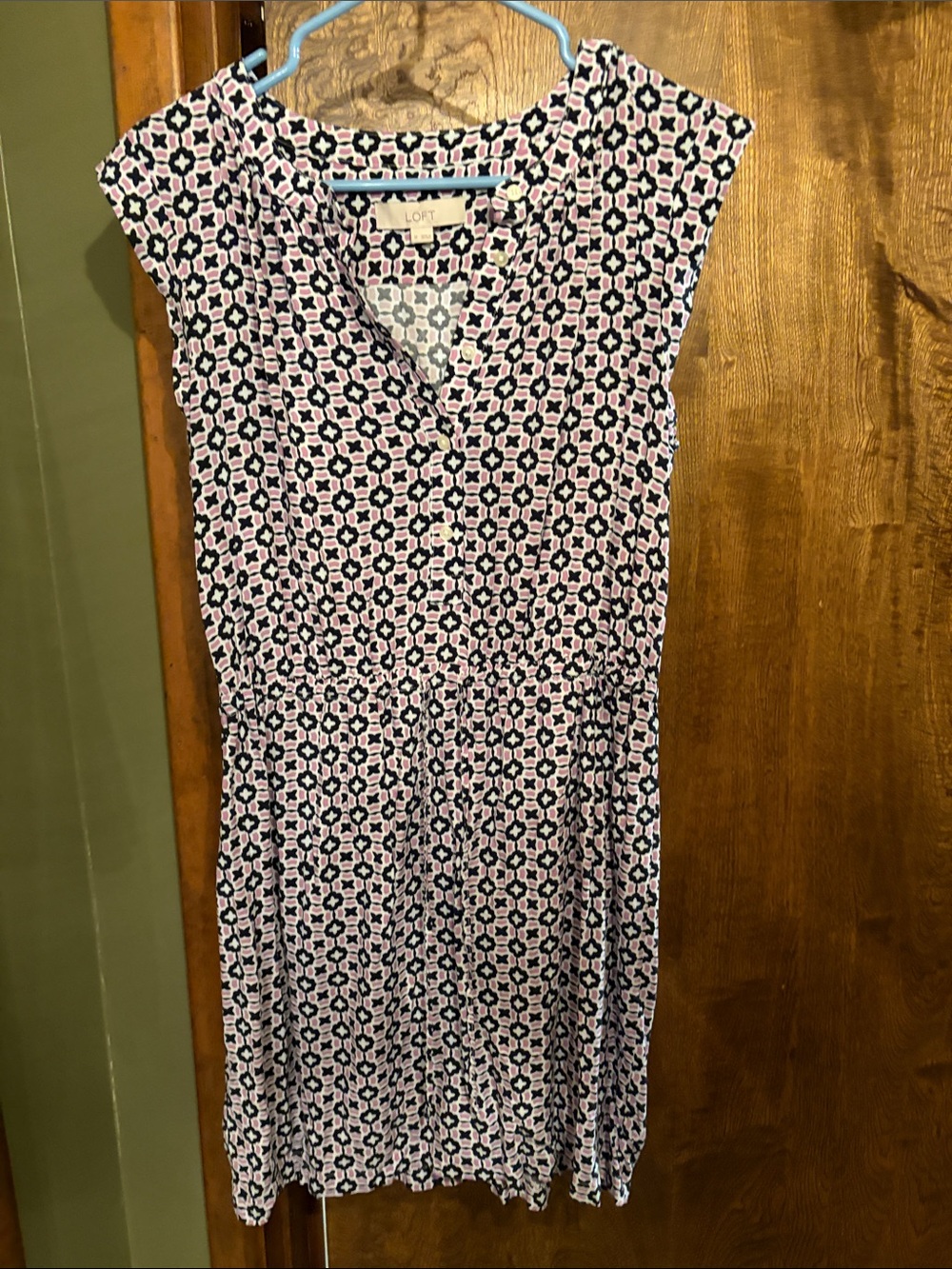 LOFT Pink and Navy Geometric Cap-Sleeve Dress
